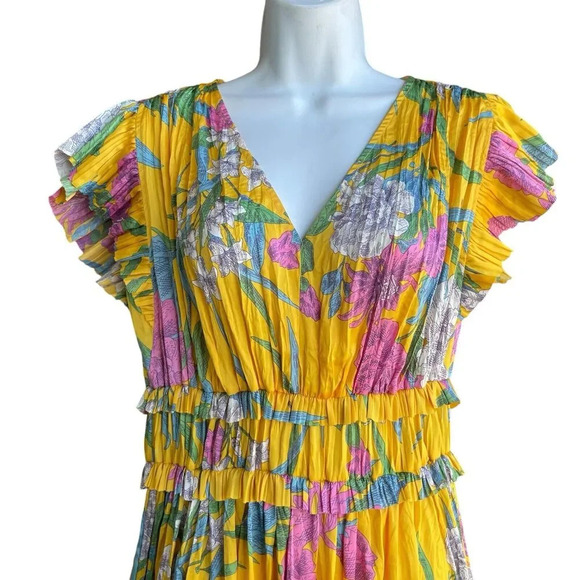 Current Air Seria Midi Dress Marigold V-neck Pleated Floral Flutter Sleeve Sz S - Picture 4 of 4